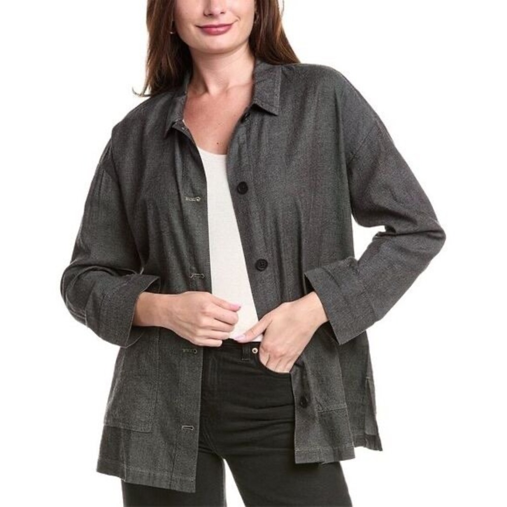 Eileen‎ Fisher Organic Cotton Denim Chore Shirt Jacket Grey L Charcoal